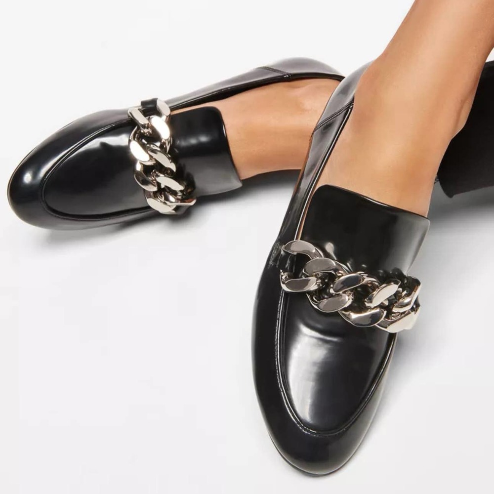 ZARA Chunky Chain Loafers Slip On Flats Faux Leather Shoes, Black - Picture 1 of 11